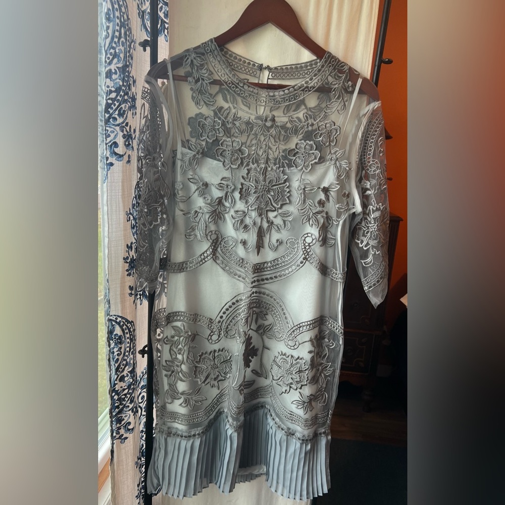 Grey lace dress with lined with silver slip